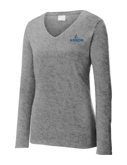 Womens  V-Neck Ring Spun Grey Heather 4.5 oz Long Sleeve T-Shirt w/Argon Medical Devices Logo