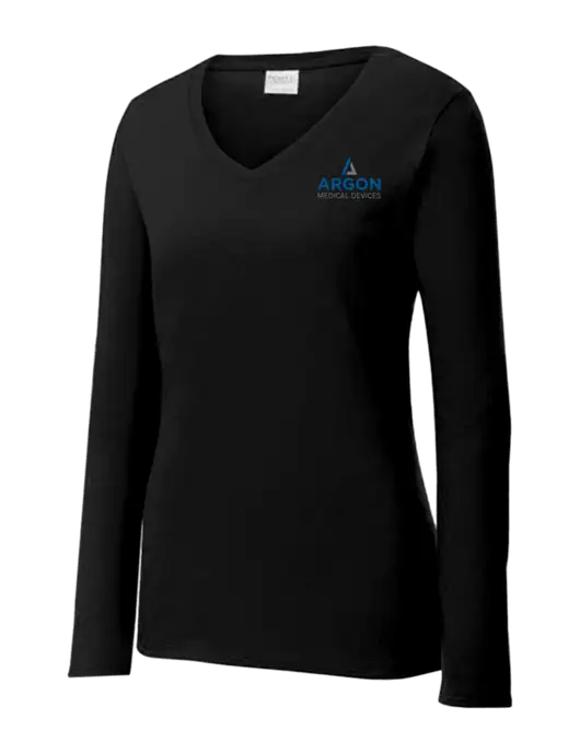 Womens V-Neck Ring Spun Jet Black 4.5 oz Long Sleeve T-Shirt w/Argon Medical Devices Logo