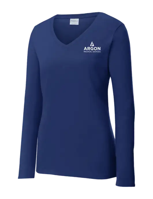 Womens  V-Neck Ring Spun Navy 4.5 oz Long Sleeve T-Shirt w/Argon Medical Devices Logo