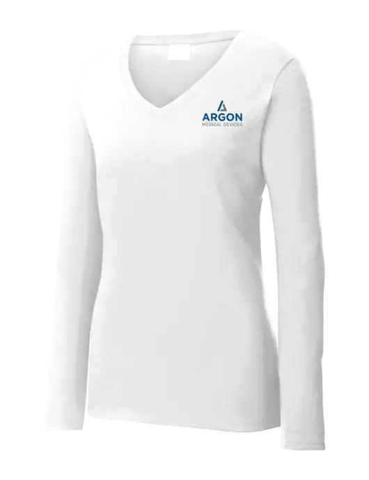 Womens  V-Neck Ring Spun White 4.5 oz Long Sleeve T-Shirt w/Argon Medical Devices Logo