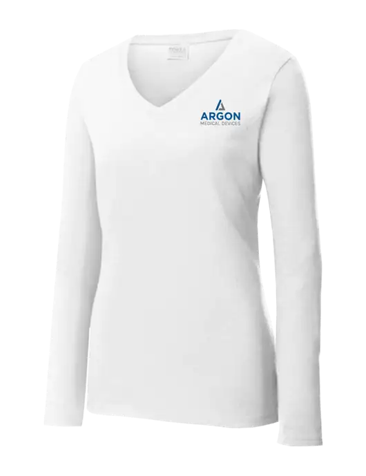 Womens  V-Neck Ring Spun White 4.5 oz Long Sleeve T-Shirt w/Argon Medical Devices Logo