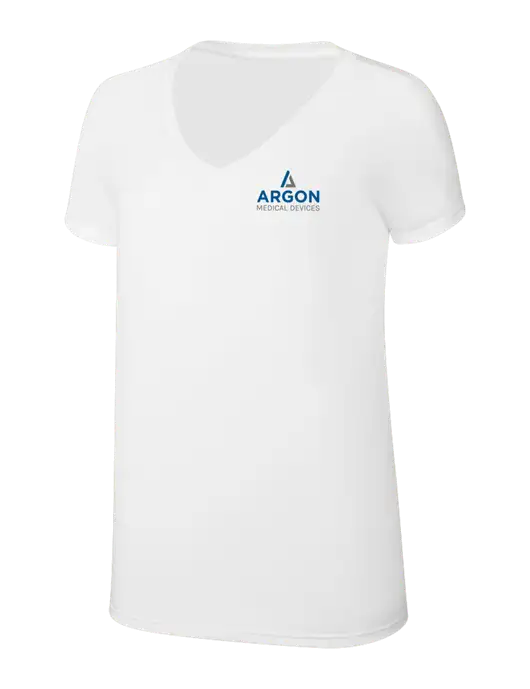 Womens Simply Soft V-Neck White 4.5oz  Poly/Combed Ring Spun Cotton T-Shirt w/Argon Medical Devices Logo