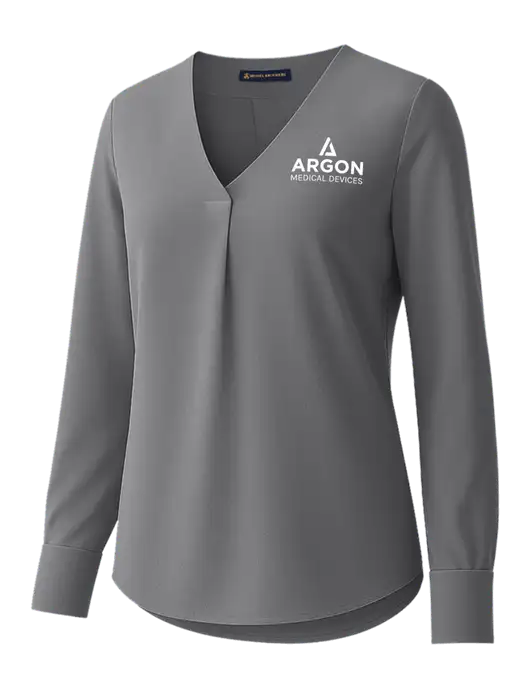 Brooks Brothers Womens Medium Grey Open-Neck Satin Blouse  w/Argon Medical Devices Logo