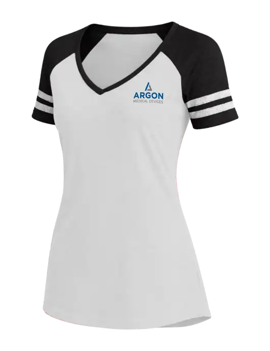 Womens White/Black V-Neck Game Tee w/Argon Medical Devices Logo